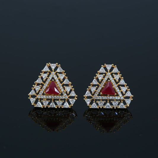 Triangle Stud Earrings | 22K Gold Tone Clear,Topaz and Ruby CZ stones Geometric Triangle Stud Earrings