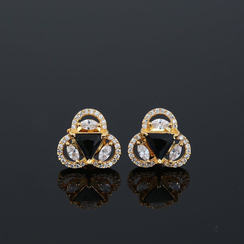 Three Petal Floral CZ stud Earrings Paved triangle stone at the Center/CZ Petal Mini Stud Earrings In 22k Yellow Gold for Women