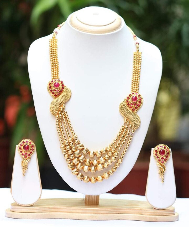 Multi Strand Golden Beaded Mala Necklace with Faux Pearls Imitation Jewelry