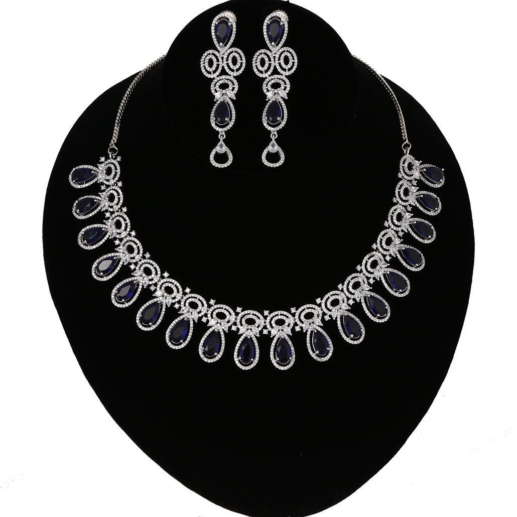 Rhodium Plated Blue Sapphire Zircon studded Luxury Gemstone Jewelry for Women