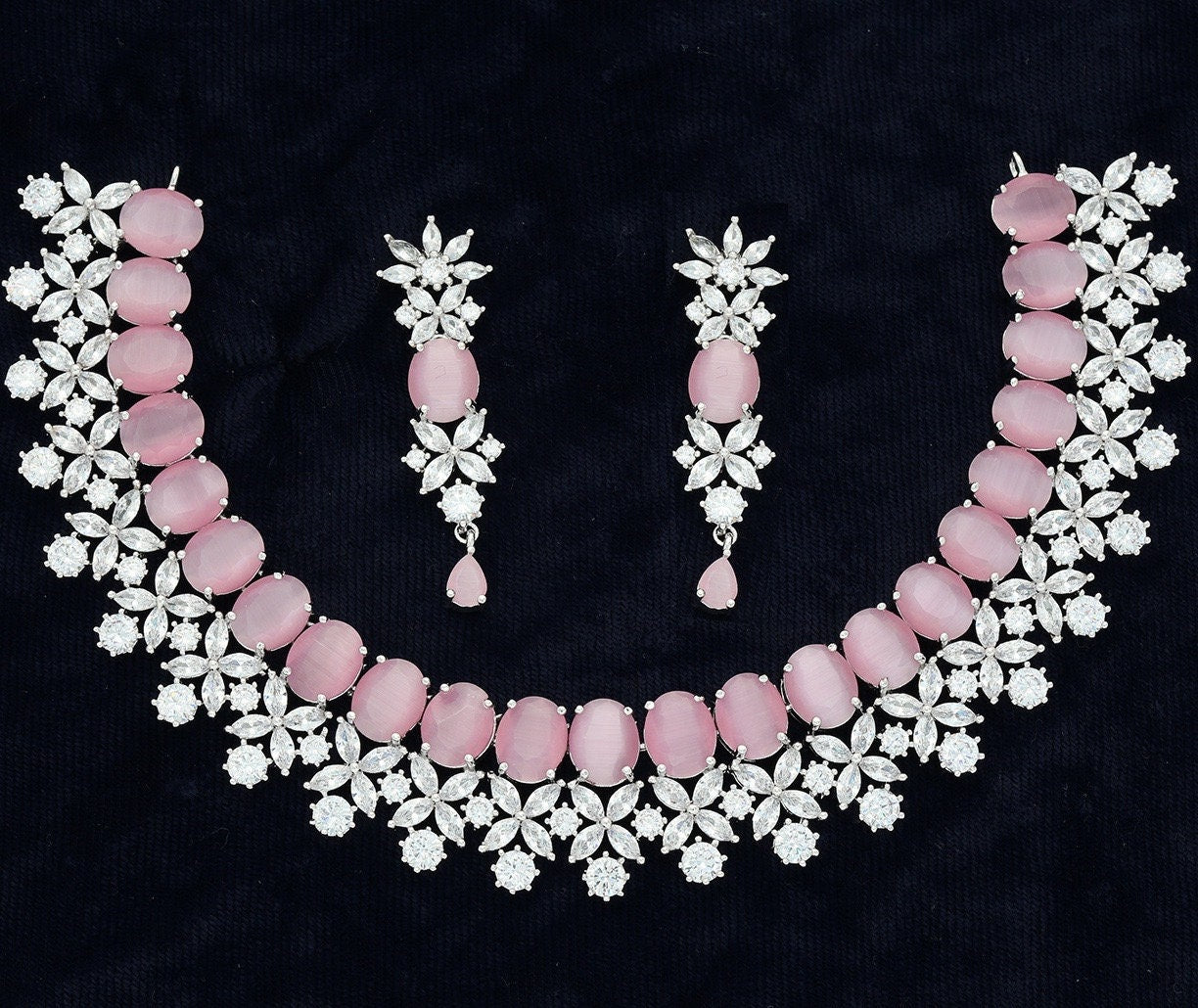Baby Pink American Diamond Wedding jewelry in Silver Finish | Bollywood trendy fashion