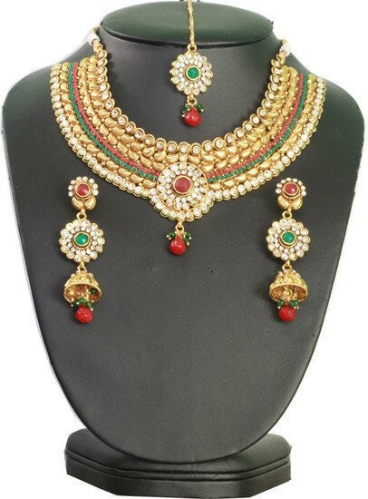 Charming Indian designer fashion semi bridal necklace set with Emerald,Ruby & clear stones