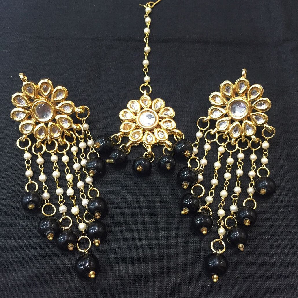 Gold Plated Floral Kundan Stone Beaded Drop Earrings and Tikka