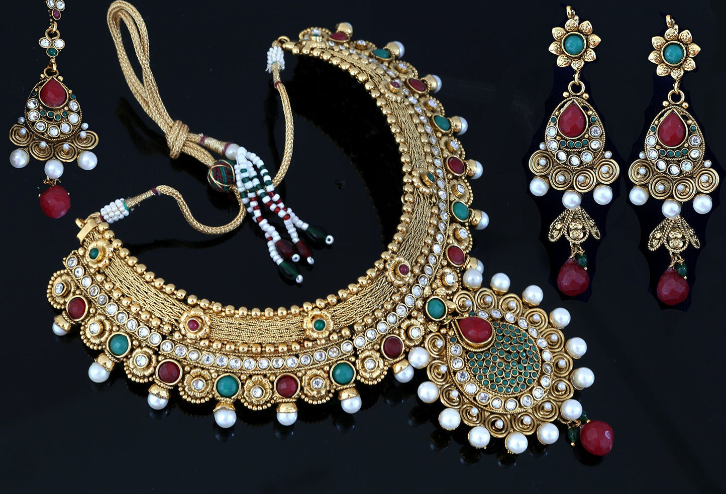 Antique Gold Semi Bridal choker Necklace | Earrings and mangtikka aureate with pearl | Ruby | Emerald