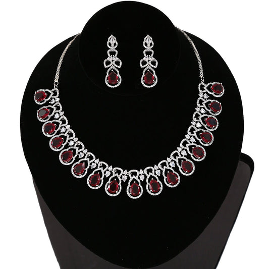 Ruby Red and Emerald Green Teardrop Rhodium Plated AD American Diamond Bridal Necklace|Fashion Wedding Jewelry Sets