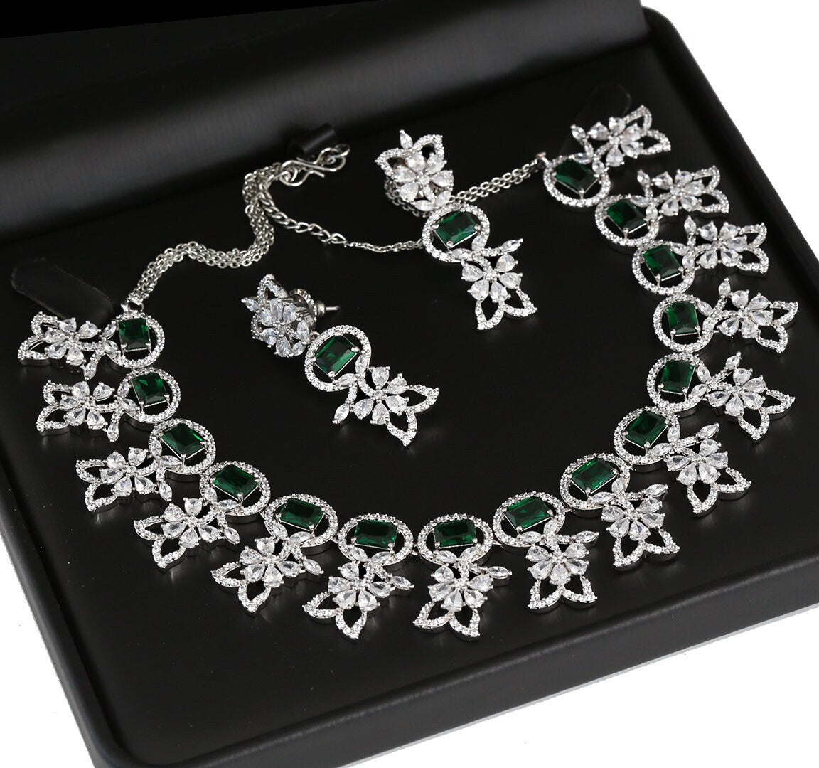 Rhodium Polished Diamond Style CZ Stone Studded Light Weight Necklace|Ladies Fashion American Diamond AD cubic zircon bridal jewelry