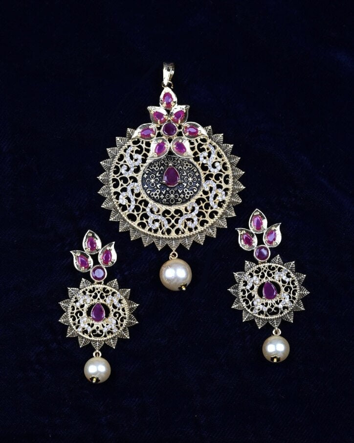 Handcrafted Indian Designer Bollywood Golden Look 3 Piece Pendant Set with White Stones and drop Faux Pearl