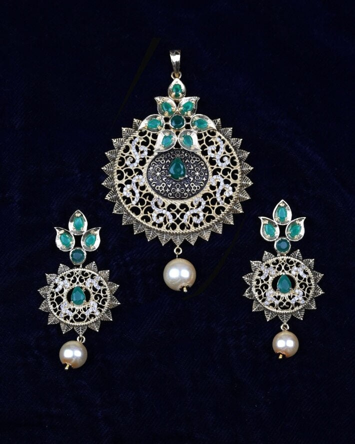 Handcrafted Indian Designer Bollywood Golden Look 3 Piece Pendant Set with White Stones and drop Faux Pearl