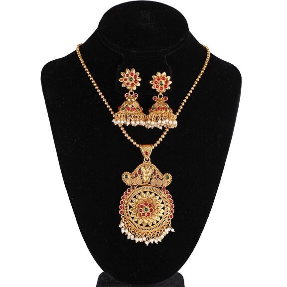 Gold plated Polki Pendant Handmade Round Filigree with Earrings