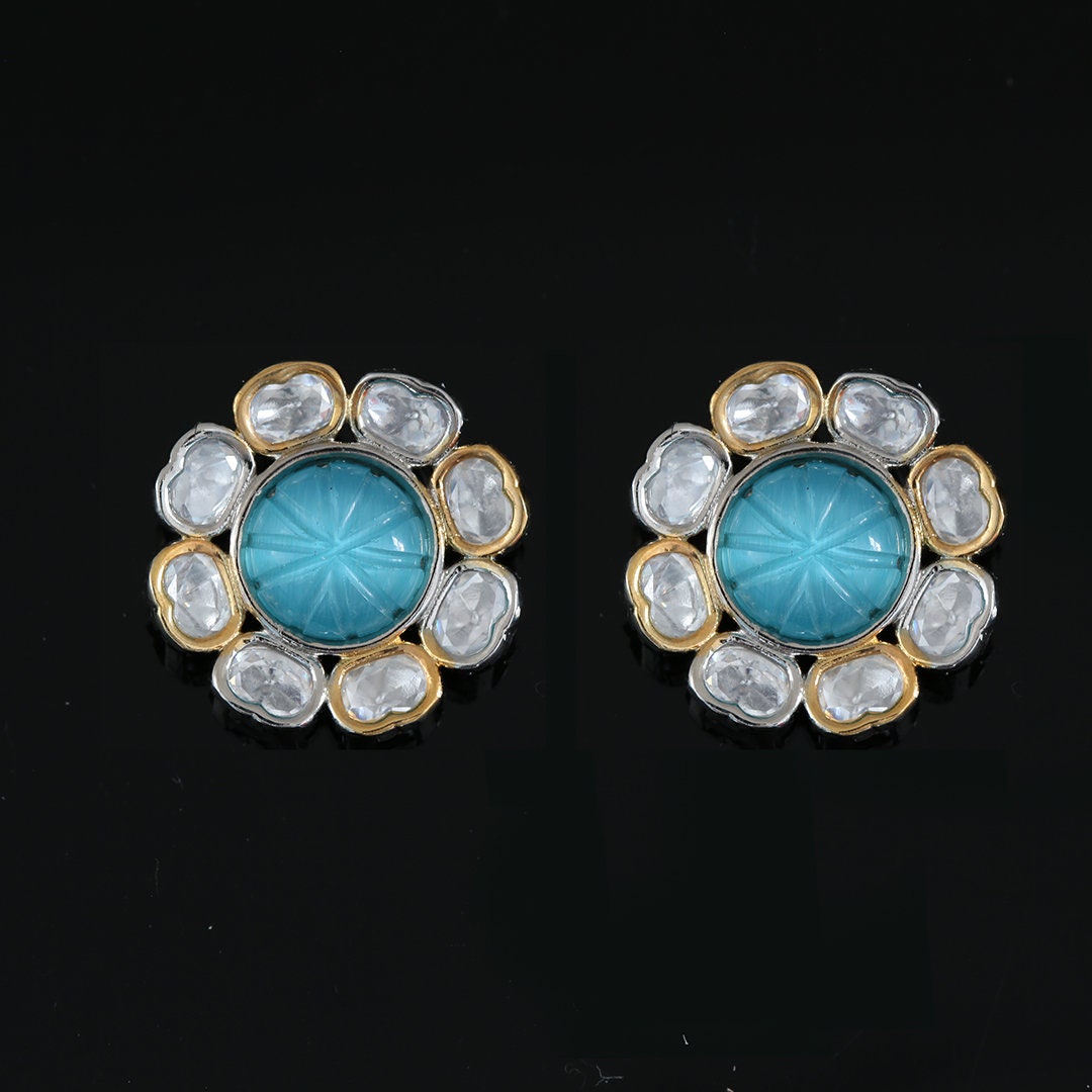 Round Shape Kundan Fashion Bollywood Stud Tops in Silver Base|Wedding stud earrings