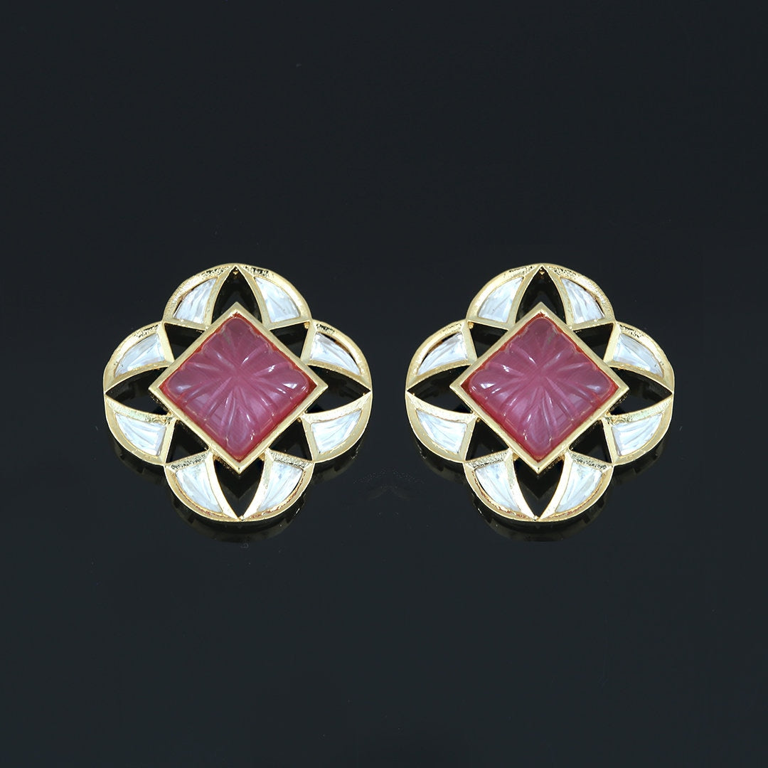 Square Shaped Kundan Stone Studded Large Stud Earrings|Flower Design Gold Plated Indian Royal Stud Tops