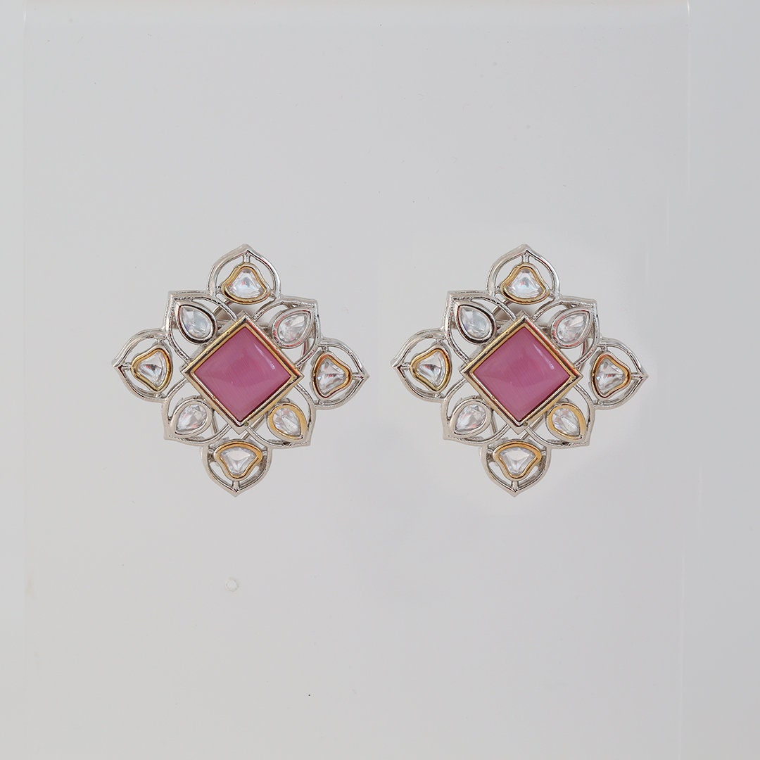 CZ Big Top Studs|Kundan Polki Clip on Earrings|Square Shaped Latest Stud tops|Large Post Clip on Earrings in Antique Style