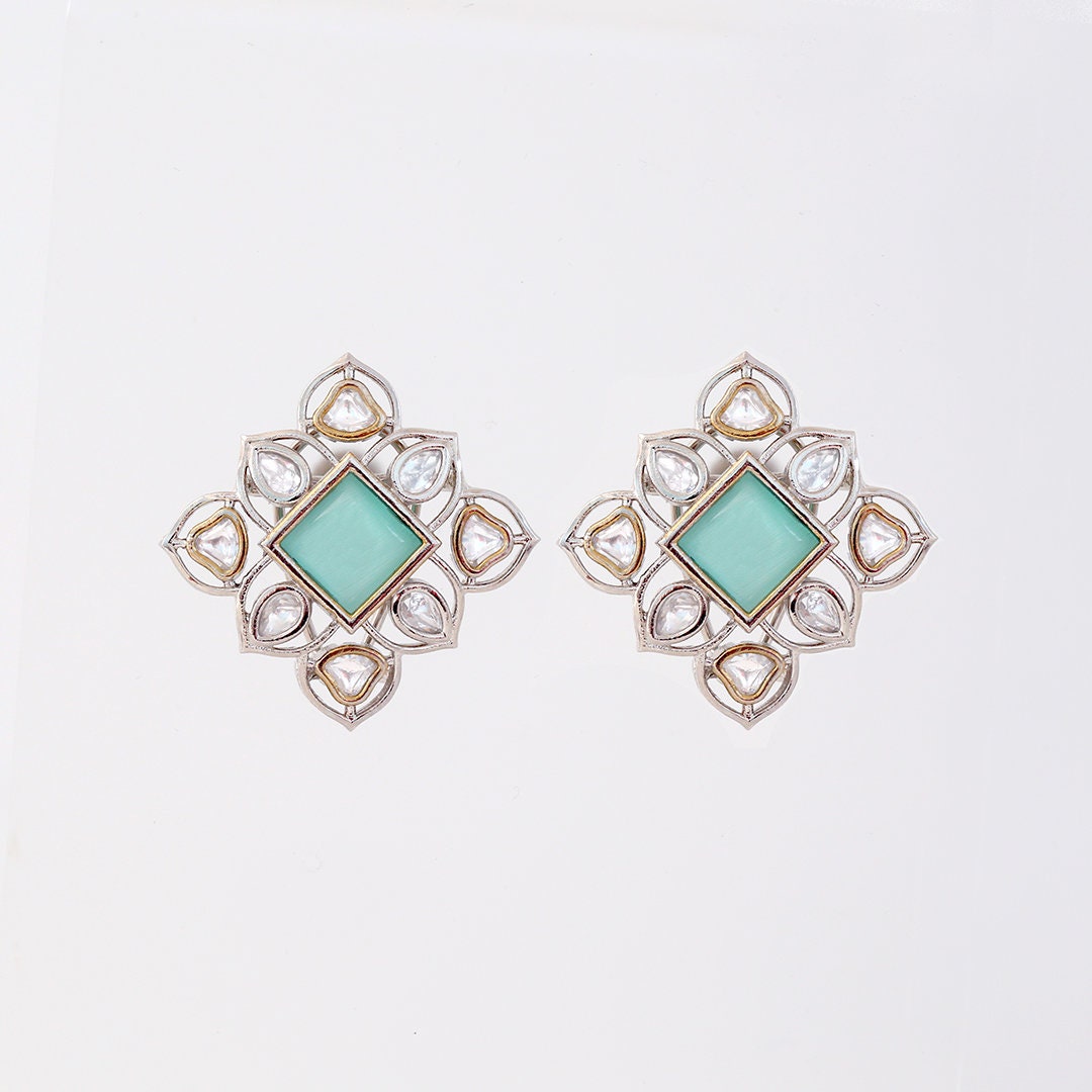 CZ Big Top Studs|Kundan Polki Clip on Earrings|Square Shaped Latest Stud tops|Large Post Clip on Earrings in Antique Style
