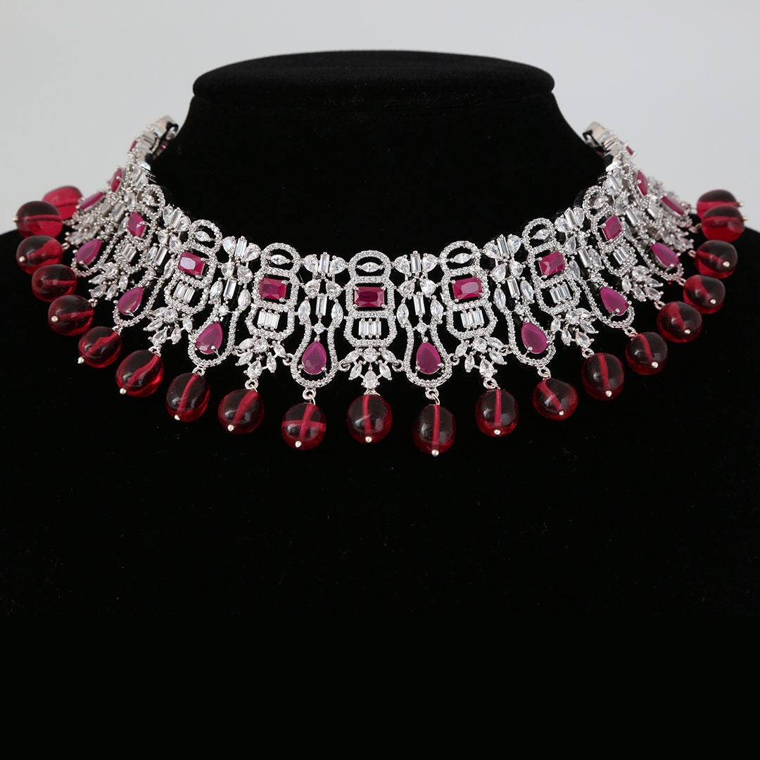 Rhodium plated Ruby Pink and CZ Diamonds bridal choker necklace jewelry | Indian wedding jewelry | Bollywood fashion cubic zirconia necklace