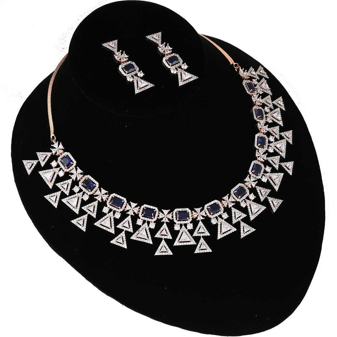 Breathtaking American Diamond Sapphire Blue CZ Studded Rose Gold Plated Bridal Necklace