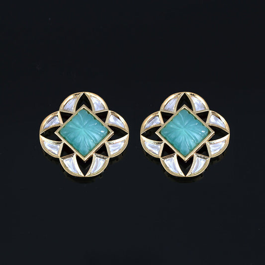 Square Shaped Kundan Stone Studded Large Stud Earrings|Flower Design Gold Plated Indian Royal Stud Tops