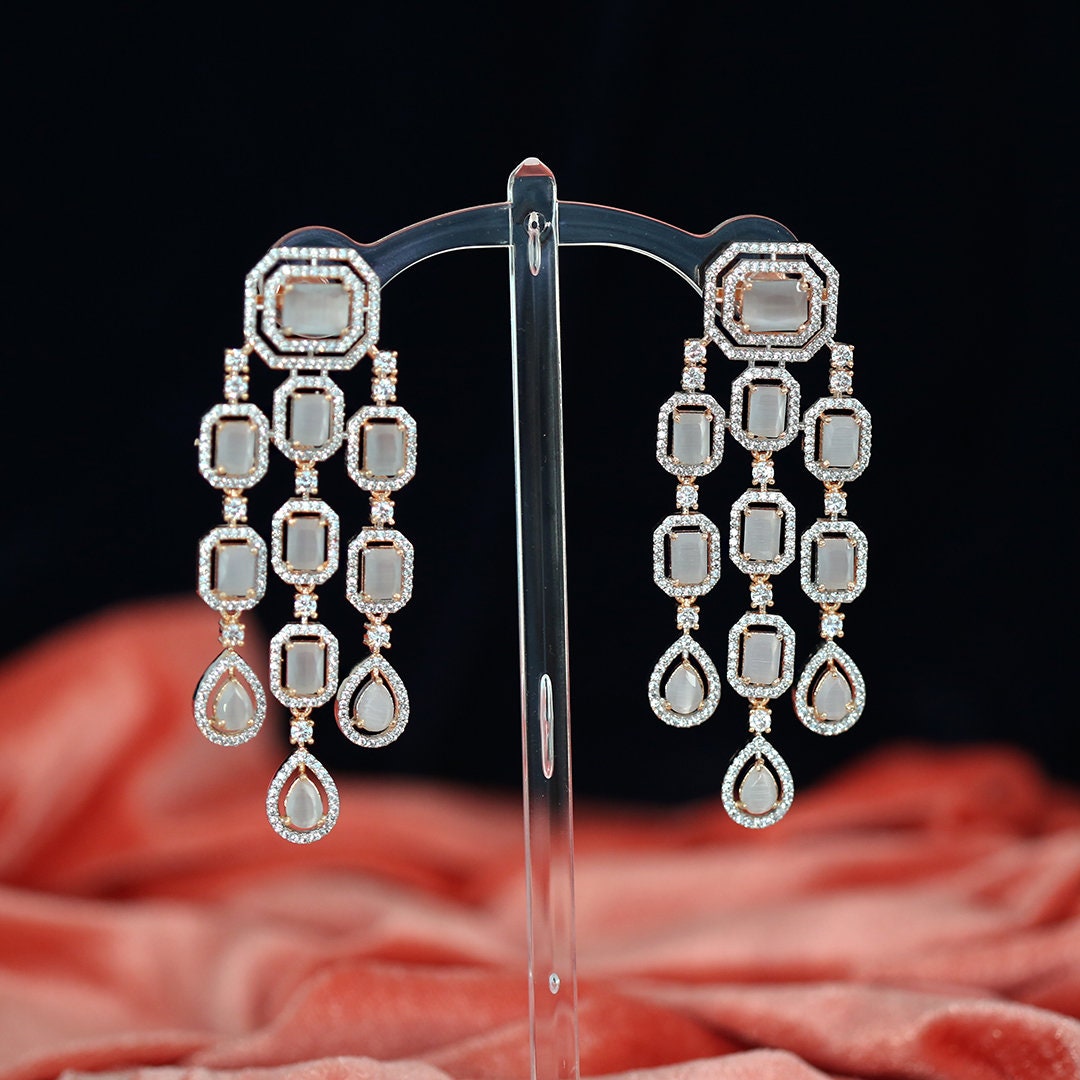 Luxury Bridal Rose CZ Rose Gold Plated Long Dangle Chandelier Womens Earrings|Diamond Tassel Wedding Earrings|Indian Fashion Jewelry