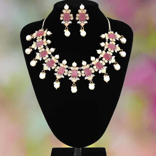 Pearl kundan choker with low price, Gold plated carved stone jewelry, Pink stone Wedding statement necklace earrings |Indian Designs Jewelry