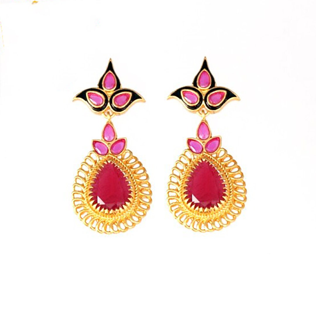 Traditional Bollywood Pink Green colorful CZ Chandelier Fashion Earrings|Indian Fashion Bollywood Designer Earrings|Wedding Wear jewelry