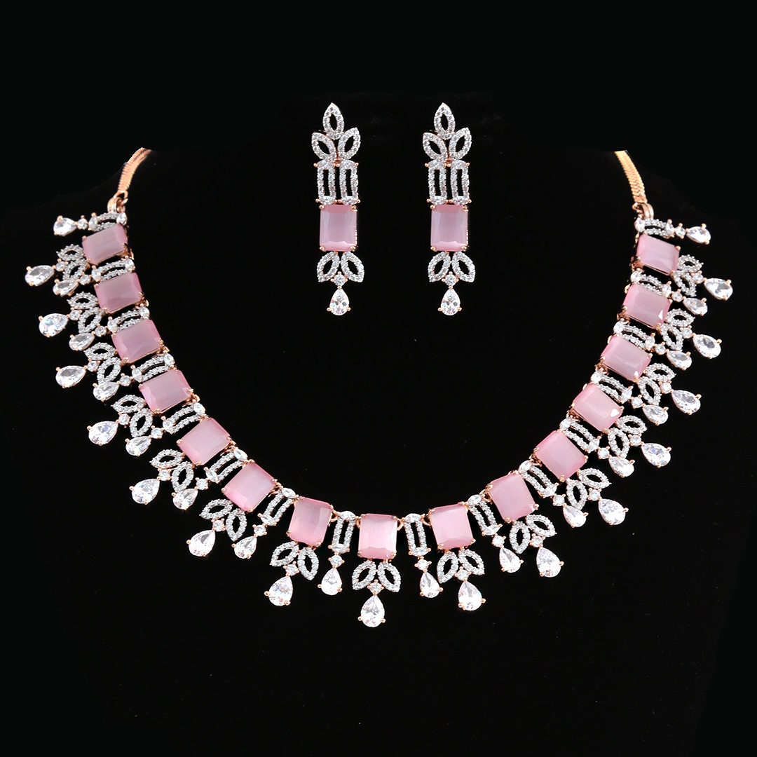 Rose Quartz Stylish Wedding Artificial American Diamond Choker Necklace jewelry|Rose Gold Plated American Diamond Jewelry