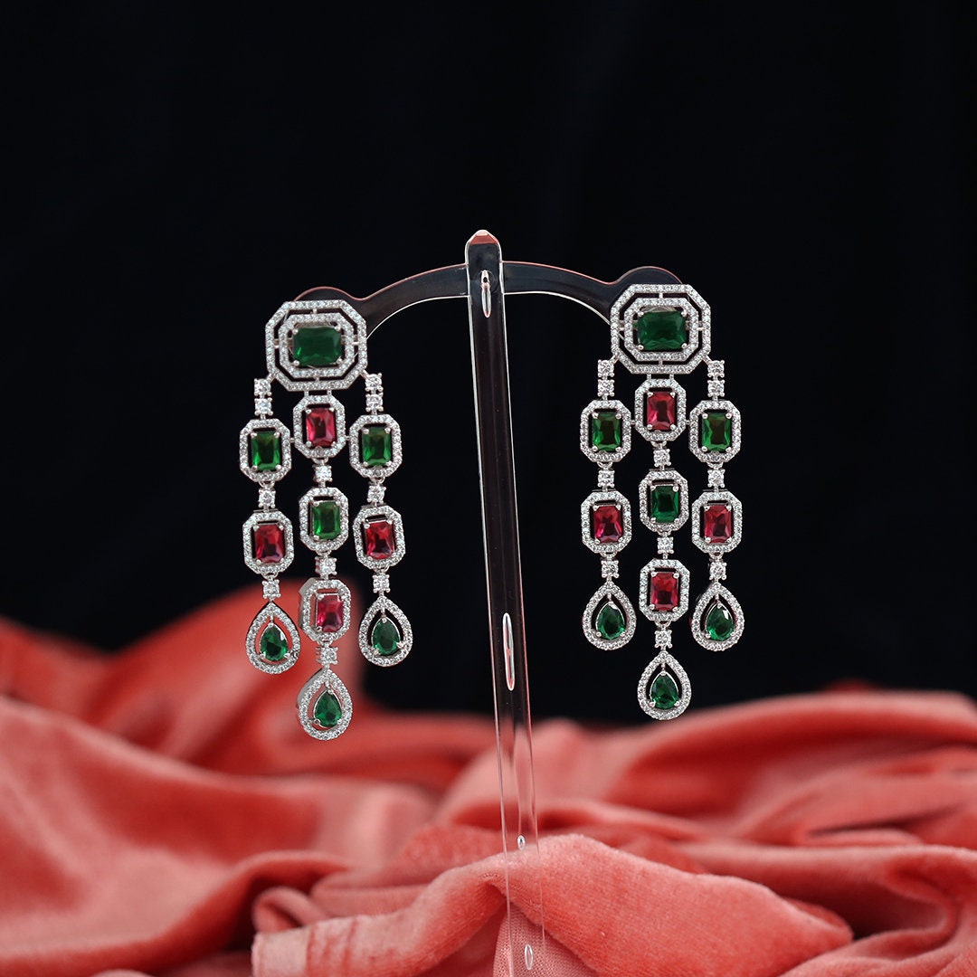 Rhodium Plated Long Dangle Cubic Zirconia Crystal Stone Pave Chandelier Tassel Wedding Earrings