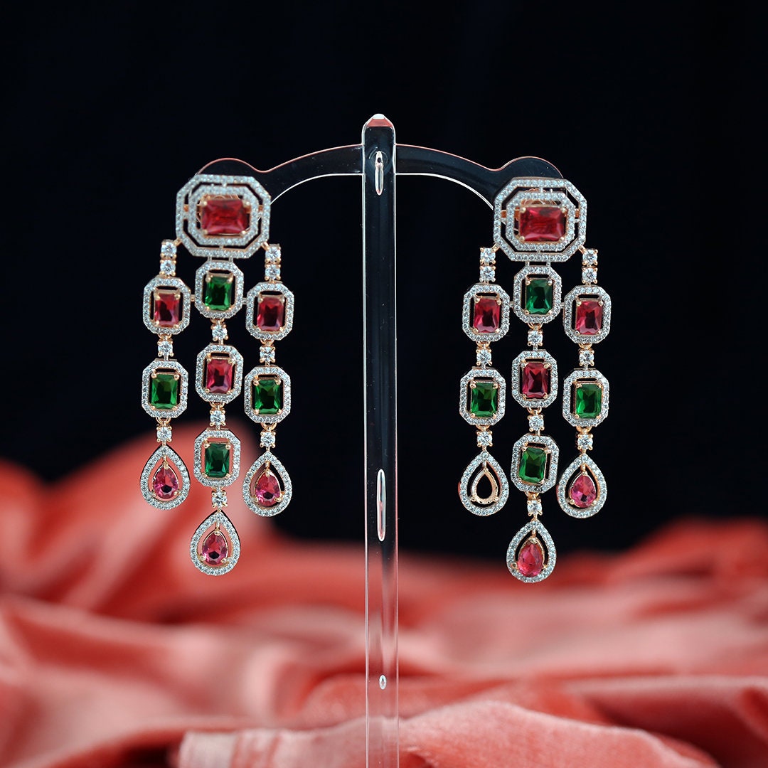 Luxury Bridal Rose CZ Rose Gold Plated Long Dangle Chandelier Womens Earrings|Diamond Tassel Wedding Earrings|Indian Fashion Jewelry
