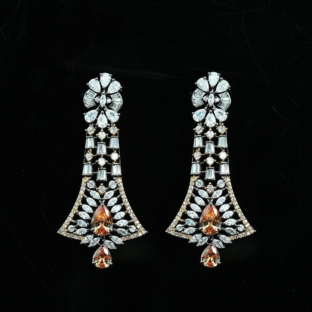 Antique Tone Gold plated Crystal Rhinestone Dangle Drop earrings|Ladies Fashion Earrings|Rhinestone Wedding Drop Earrings|Women's Jewelry