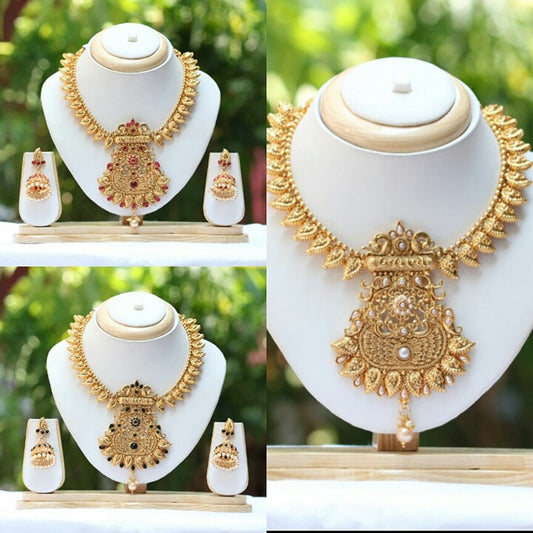 South Indian Traditional Antique Gold plated studded kundan stones Jewellery choker Necklace Jhumka Earrings for Women