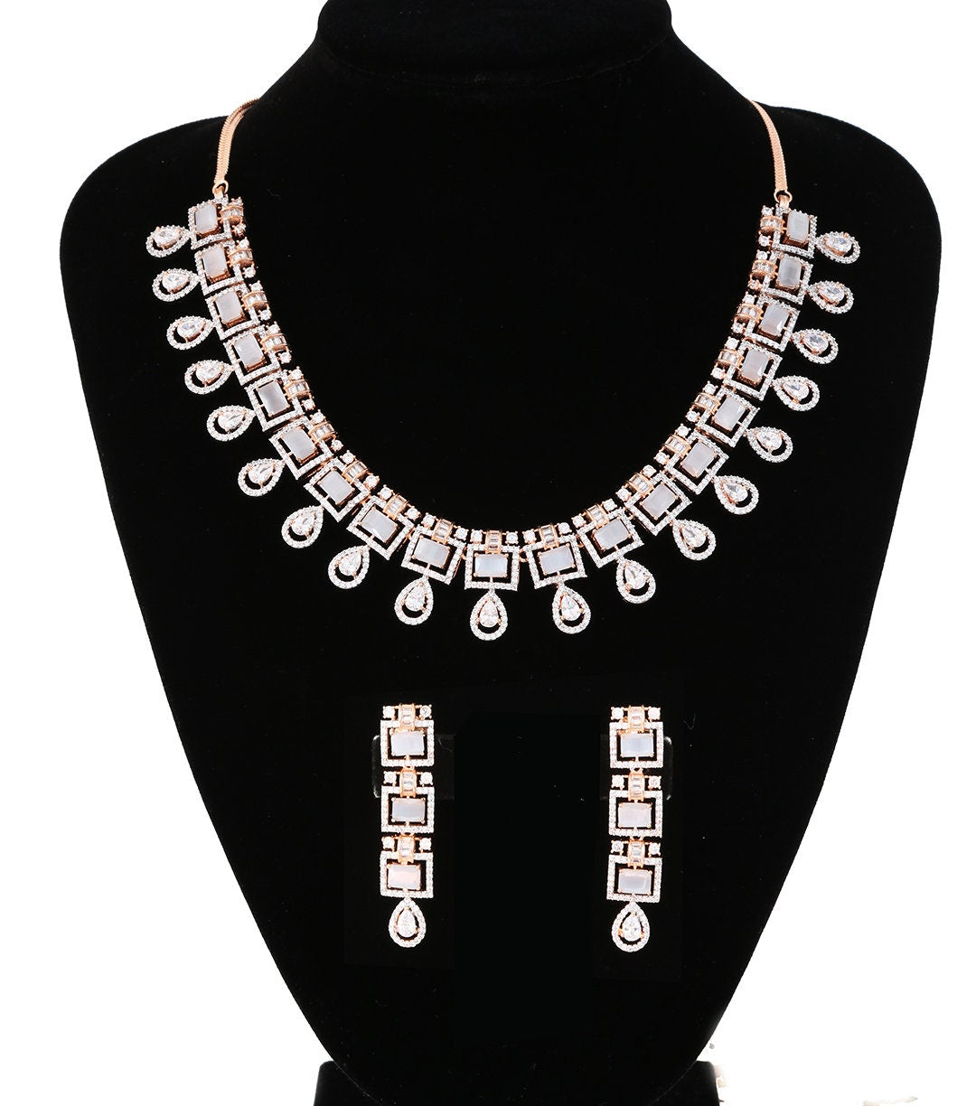 Rose Gold Plated Teardrop Pear Shape White CZ with Ruby Stones Wedding Jewelry Set|Cubic Zirconia Wedding Earrings Set|Fashion Jewelry