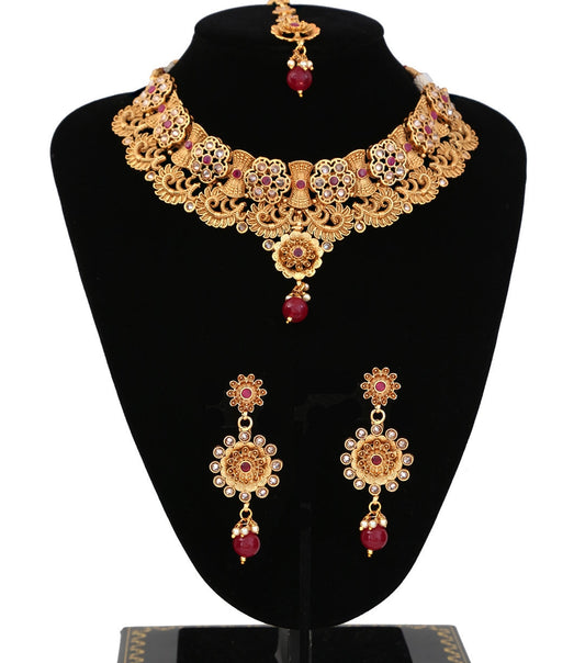 Gorgeous Statement Indian Bollywood Antique Gold Ruby AD CZ Stone Necklace Jewellery Set|Flower Designed Choker necklace|Collar Necklace