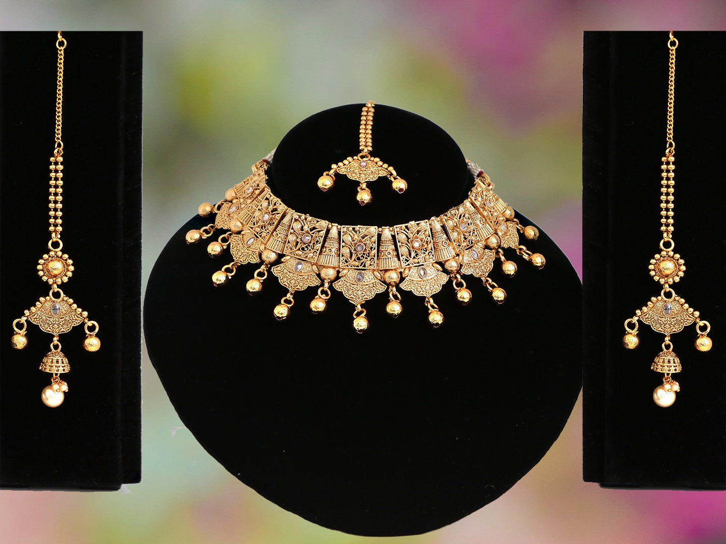 Antique Choker necklace Earrings Matti and Tikka|Gold plated 22Kt Bollywood Jewelry with Clear AD Stones|Bridal Indian Jewelry
