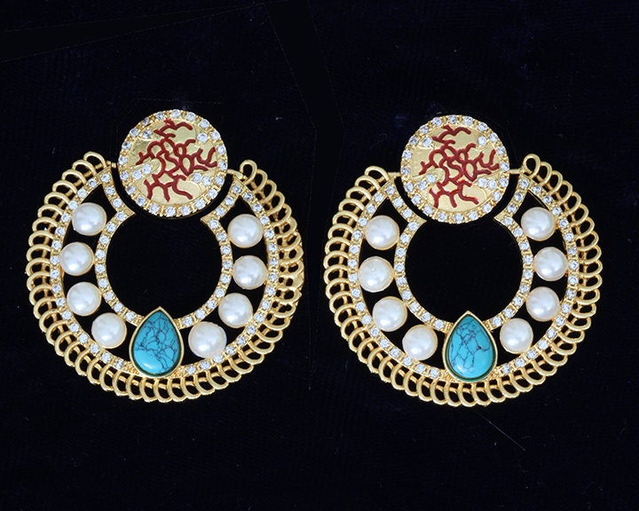 Ethnic Indian Style Turquoise Stone and Shell Pearl Gold Plated Chand Bali Earring|Ruby Stone Drop Earrings|Blue Drop earring|Pink stone