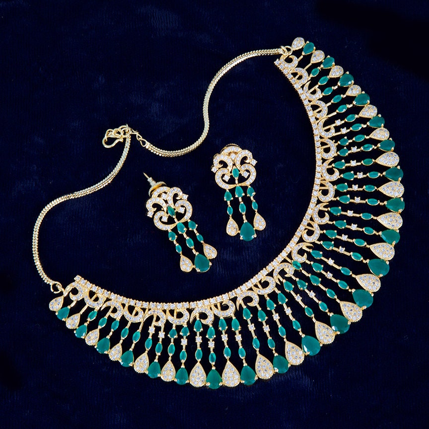 Gold Polish American Diamond Choker Necklace with matching earrings|Grand Collar Choker Necklace Wedding Jewelry|Women Bridal Jewelry