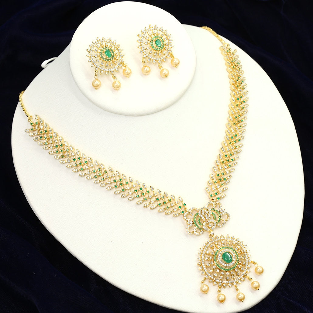 Ruby Emerald CZ AD American Diamond Bollywood Style South Indian Costume Traditional Bridal Necklace Earrings Jewelry
