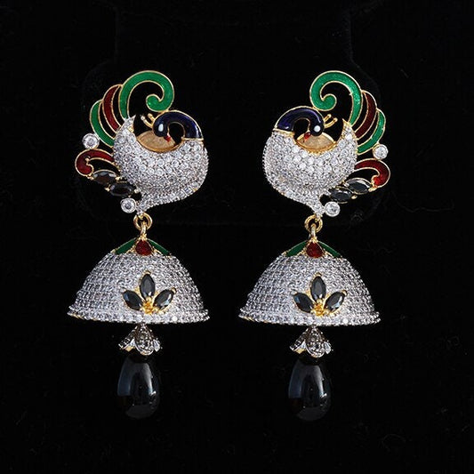 Peacock Motif Multicolor Stones Jhumka Earrings|Indian Bridal Earrings|Wedding Earrings for Brides|South Indian Jhumka Jewelry