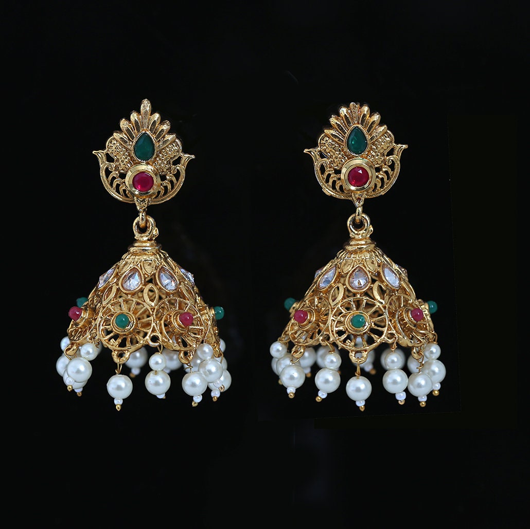 Handcrafted Gold plated Latest Design Multicolor Kundan Stones Jhumki Earrings|Large Fashion Dangle Earrings|Indian Earrings