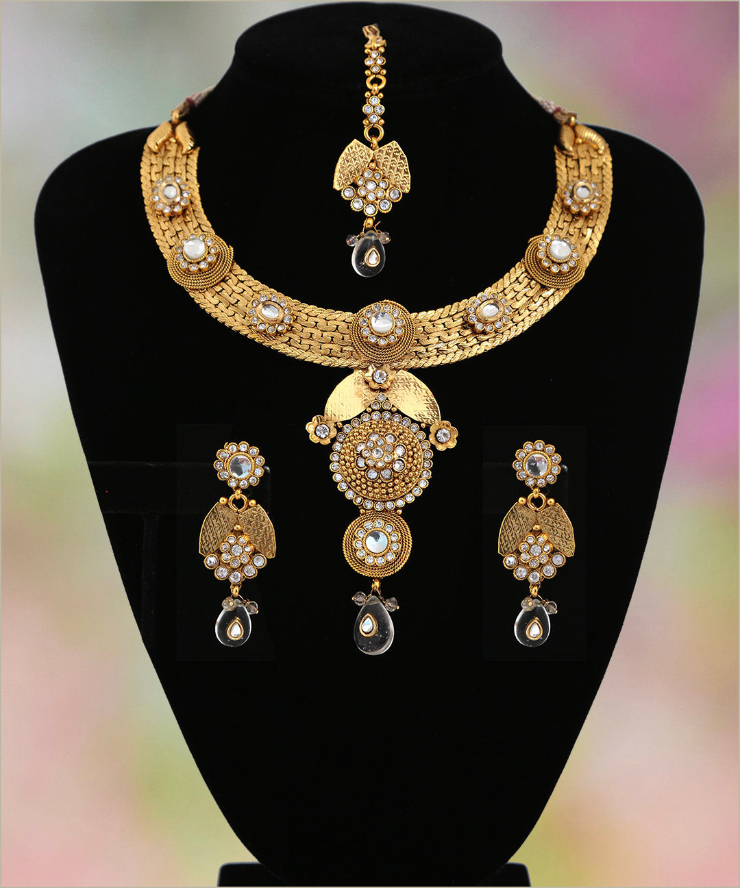 Indian bridal polki jewelry set hand crafted in a gold background with white stones|Wedding Party Wear Jewellery|Gold Plated Ethnic Necklace
