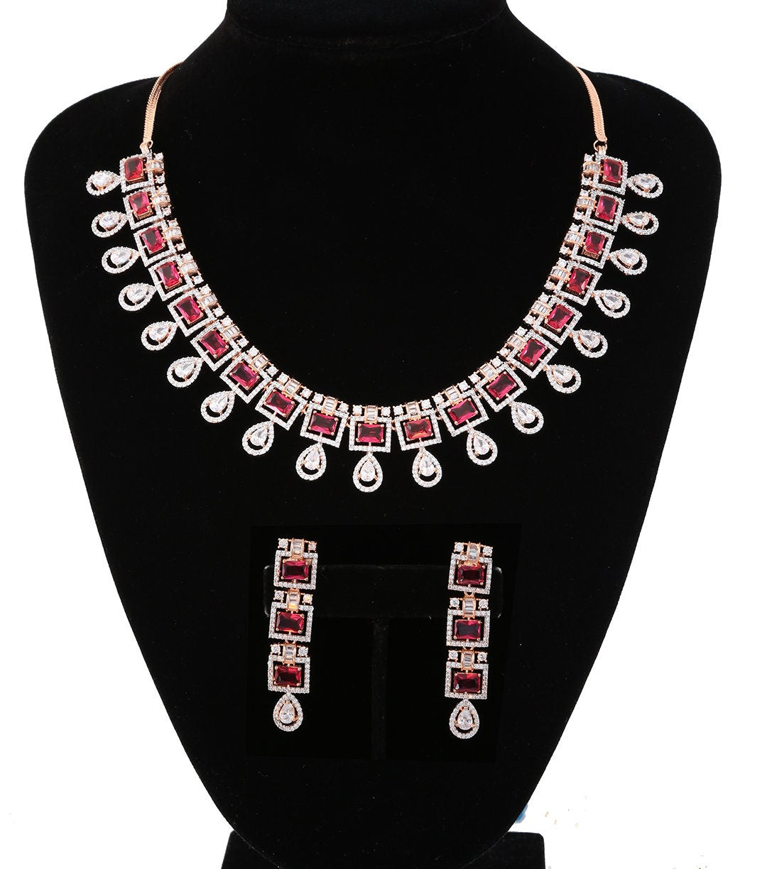 Rose Gold Plated Teardrop Pear Shape White CZ with Ruby Stones Wedding Jewelry Set|Cubic Zirconia Wedding Earrings Set|Fashion Jewelry