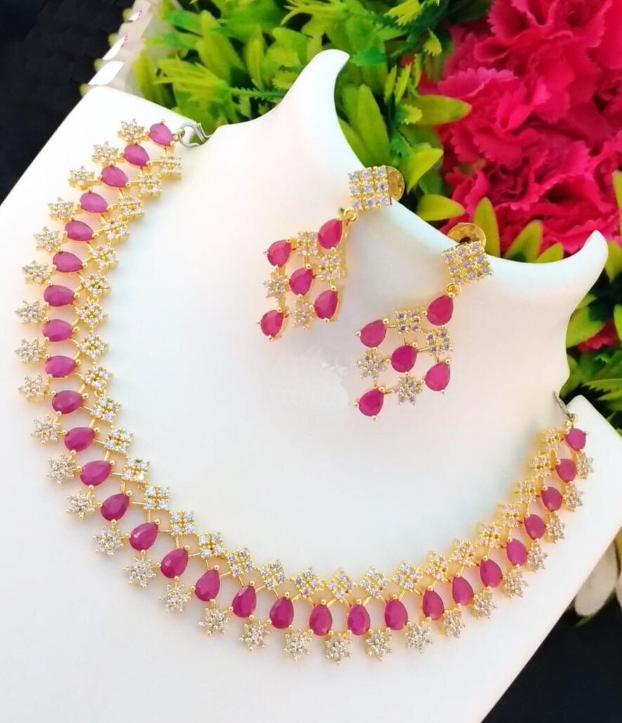 American Diamond Crystal necklace earring set | CZ Star diamond necklace design | Indian wedding bridal choker | Multi Colored stone jewelry