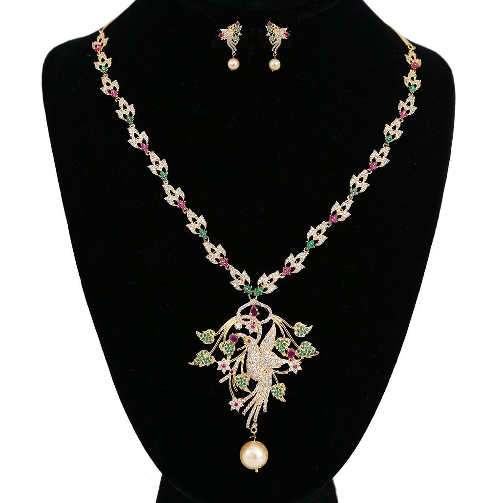 American Diamond CZ Ruby Stone Studded Hummingbird Pendant Necklace|Cubic Zirconium AD Set|Designer Wedding Jewelry Necklace earrings