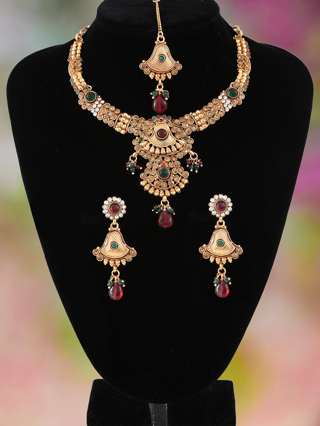 Designer Bollywood Indian Traditional Gold plated Red And Green Polki Set|Kundan Bridal Wedding Accessories|Choker Necklace Earrings Tikka
