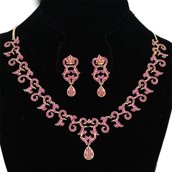 Ruby Micro Cubic zirconia Gold Plated Indian Jewellery Bridal Accessories|Wedding Imitation Jewelry|Trendy Earring Necklace