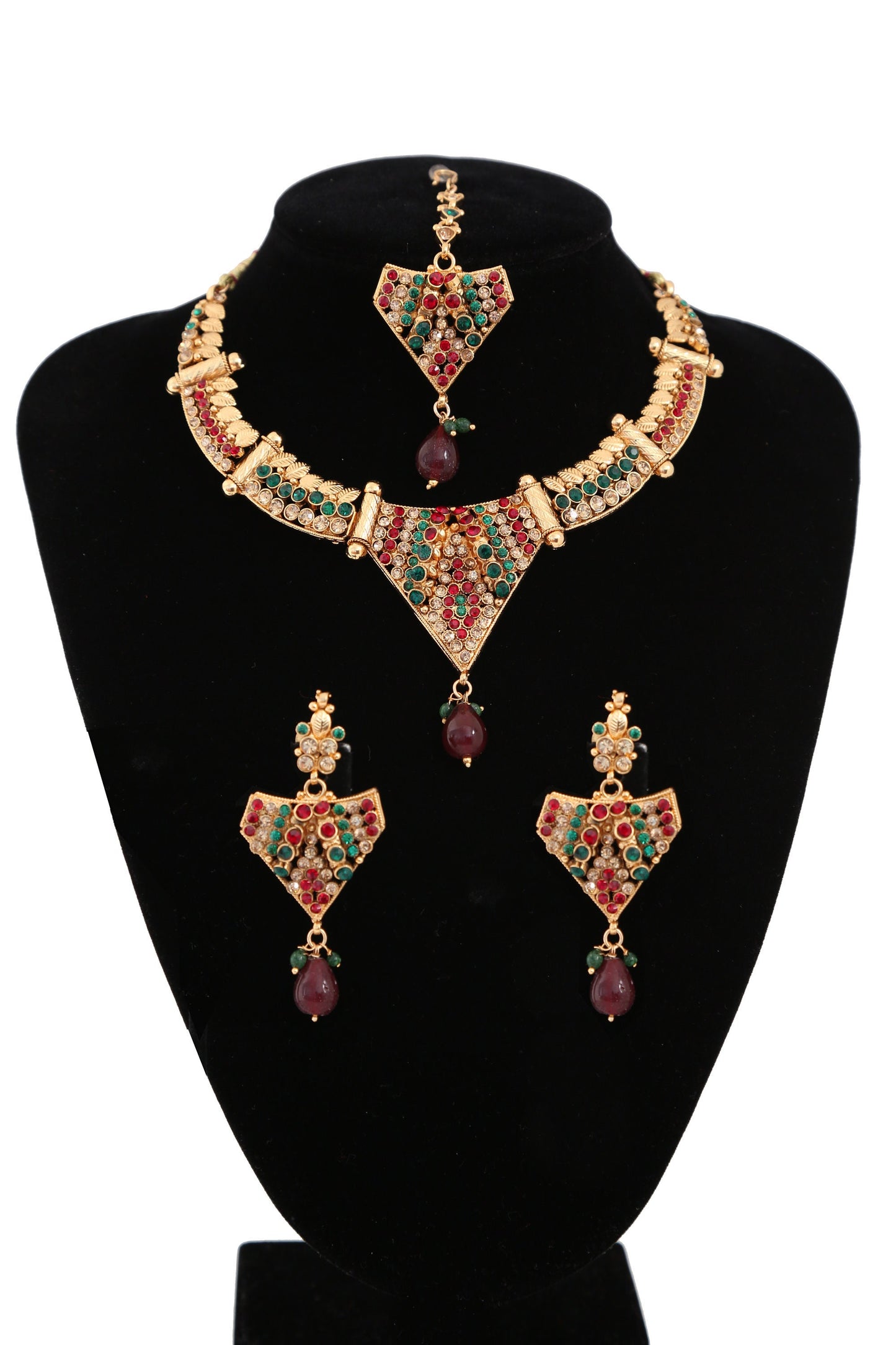 Indian Bollywood Designer Gold plated Red and Green Polki fashion jewelry set|Traditional Wedding Bridal Jewelry|Cubic Zirconia Necklace