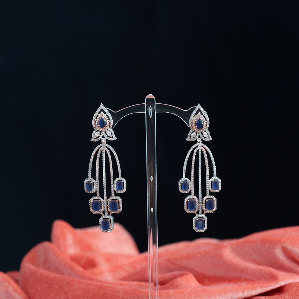 Rose Gold Plated Cubic Zirconia CZ Chandelier Art Deco Wedding Earrings|Bridal Fashion Earrings|Simple long earrings|Indian Earrings