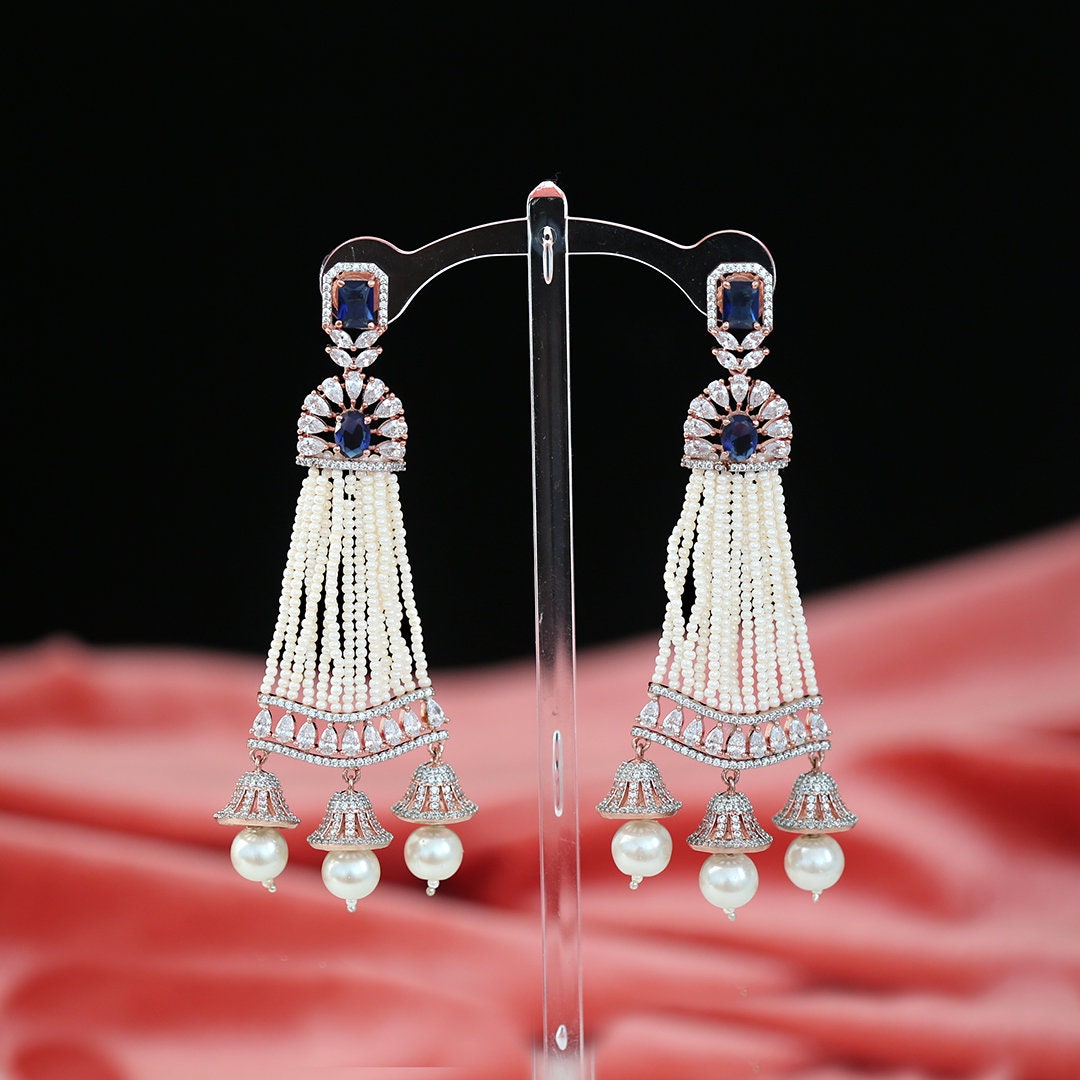 Rose Gold Plated White AD Stones Traditional Triple Jhumka Hanging Earrings|Diamond Jhumkas|Traditional Earrings