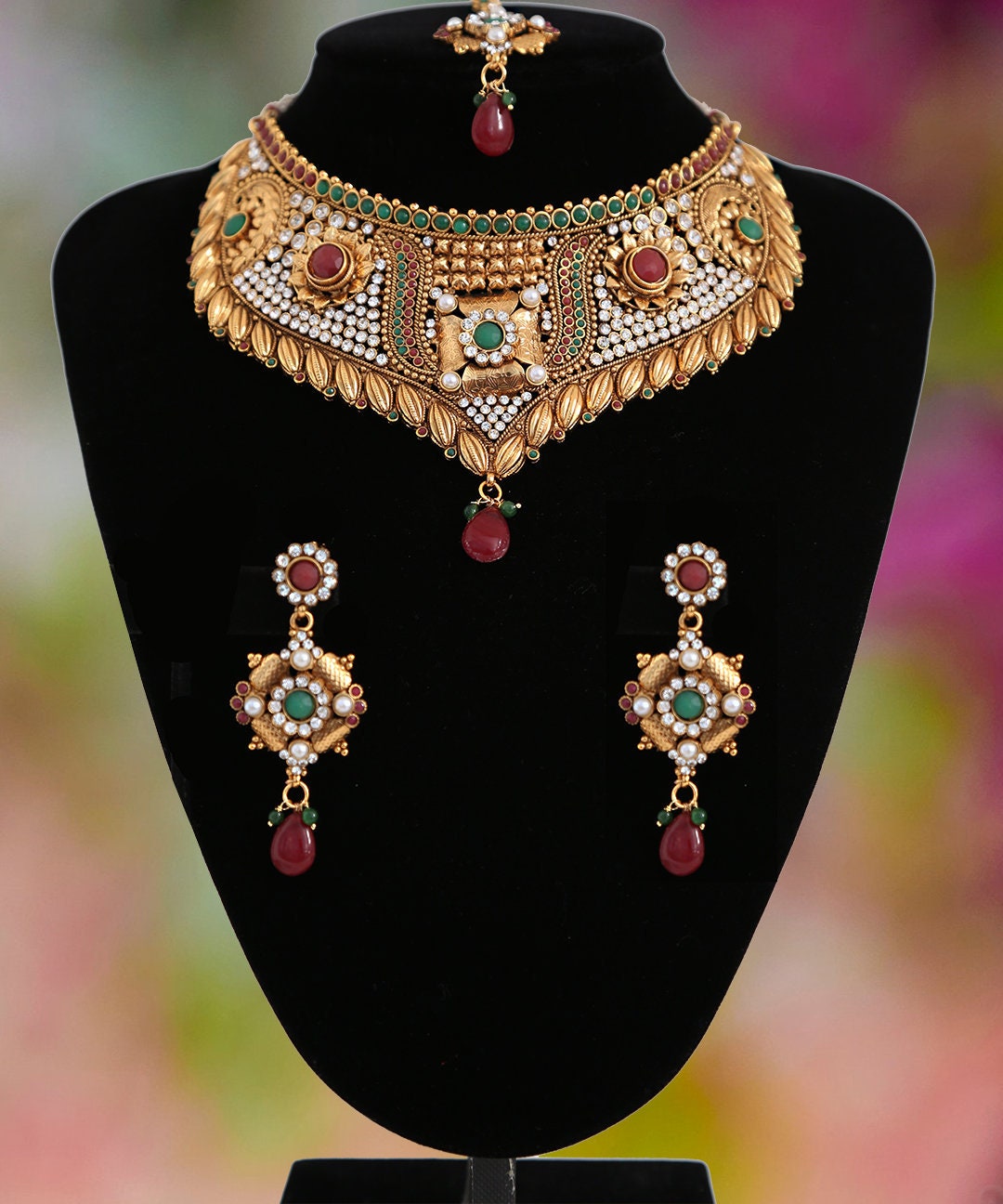 Ladies Fashion Indian jewellery polki Necklace set with Multicolor Kundan Stones|Wedding Jewelry Womens Necklace|Earrings Maang Tikka