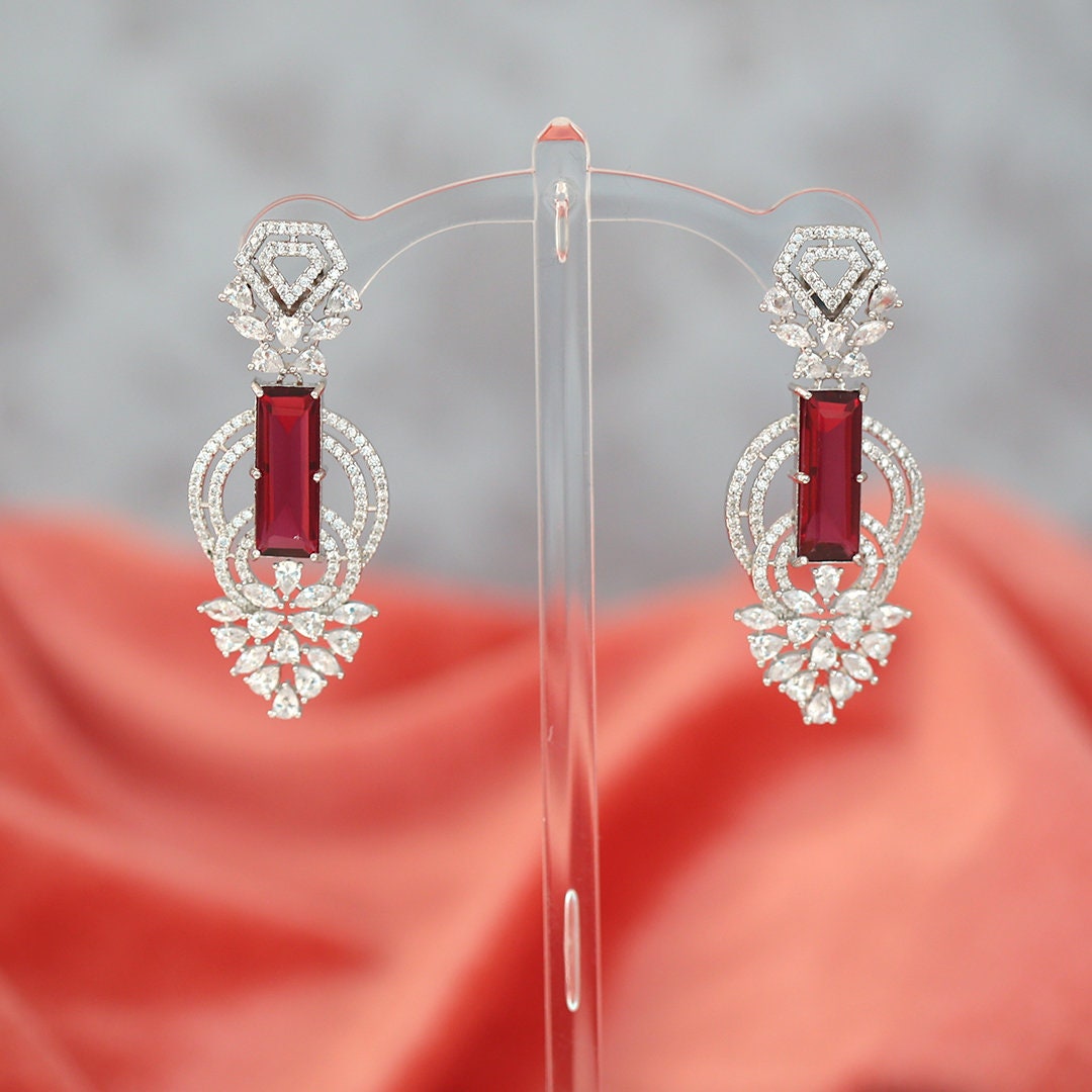 Rectangle Shape White Zircon Rhodium Plated Drop Dangle Wedding Jewelry|American Diamond Earrings|Bridesmaid Gift|Women's Fashion Jewelry