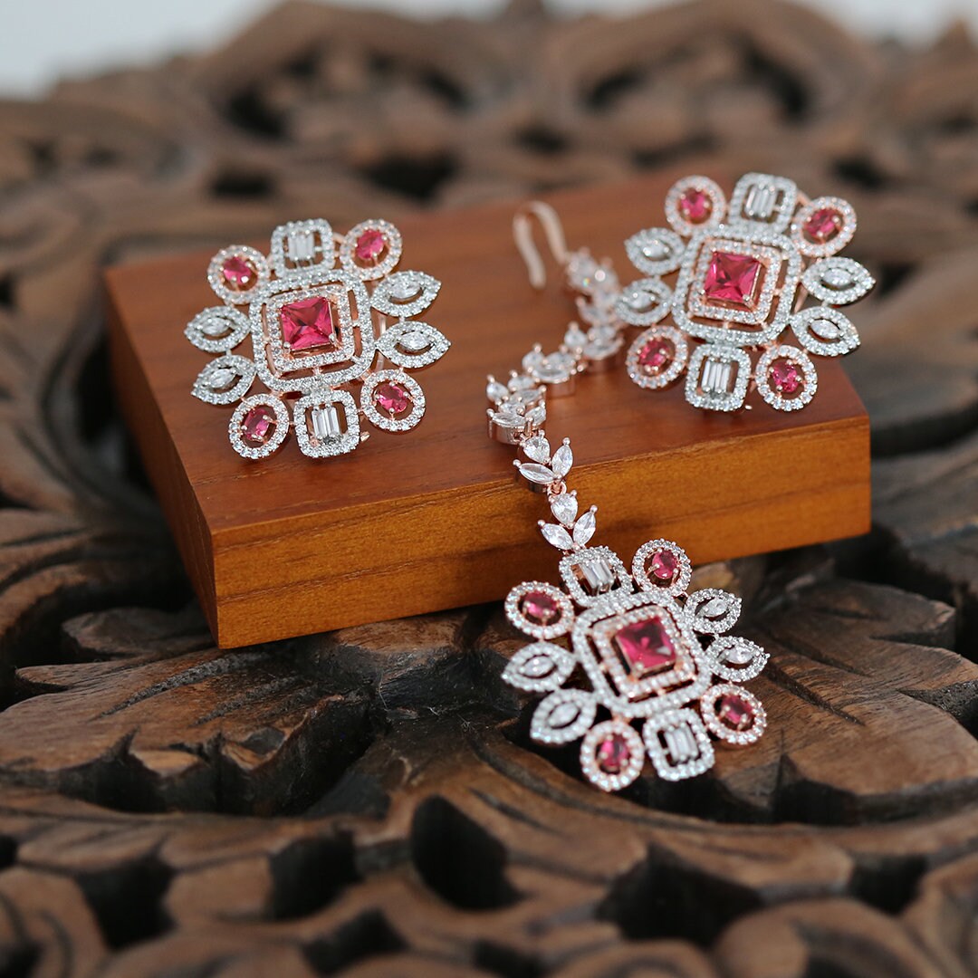 Floral American Diamond CZ Rose Gold Plated Fashion Tops Stud Earrings with Tikka|Indian Wedding Jewelry|Women's Fashion Earrings