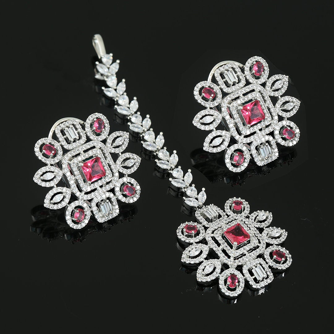 Ladies Fashion Earrings|Floral American Diamond and CZ Rhodium Plated Fashion Tops Stud Earrings with Tikka|Indian Wedding Jewelry