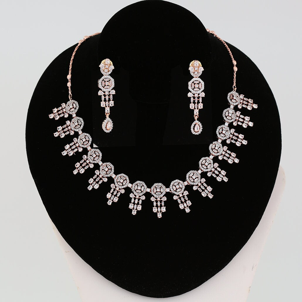 High Fashion Women Clear Crystal Ad Design Look Party Wear CZ Necklace|Bollywood Bridal Fashion Jewelry|Choker Necklace Set|Indian Jewelry